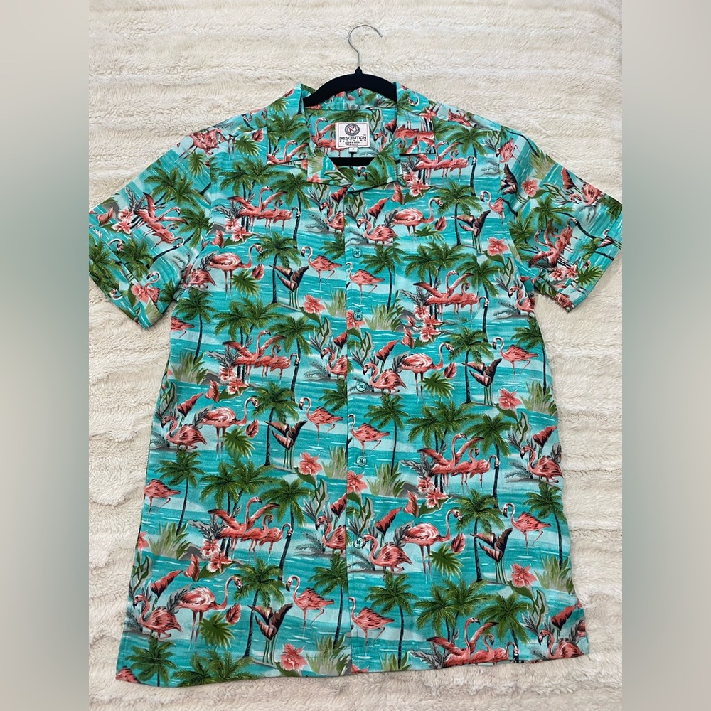 Blue and Pink Casual Button Down Shirt with Tropical Print